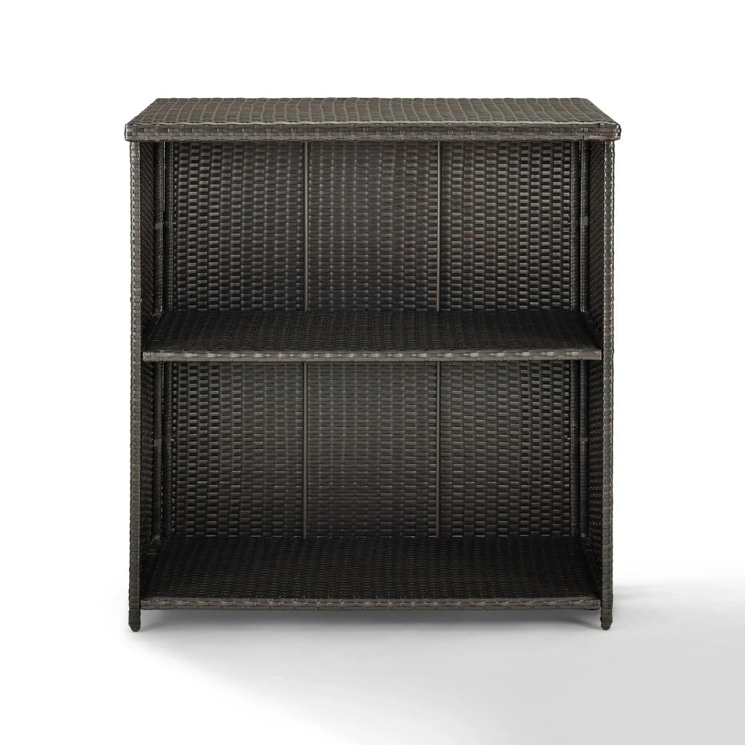 Olalla Outdoor Rattan Wicker Bar Table With Storage Selves