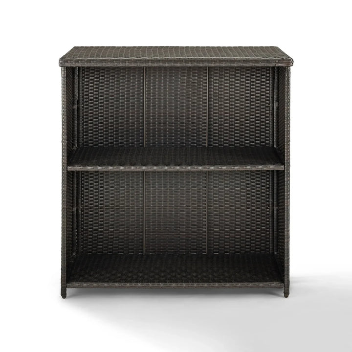 Olalla Outdoor Rattan Wicker Bar Table With Storage Selves