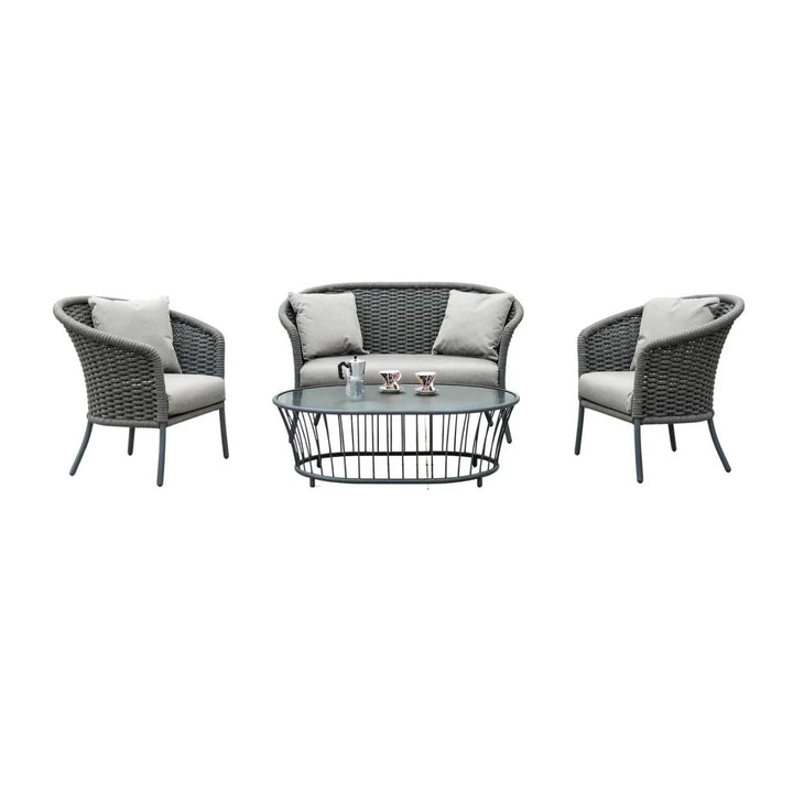 Zahra Outdoor Grey Rope 4 Piece Patio Sofa Set with Light Grey Cushions