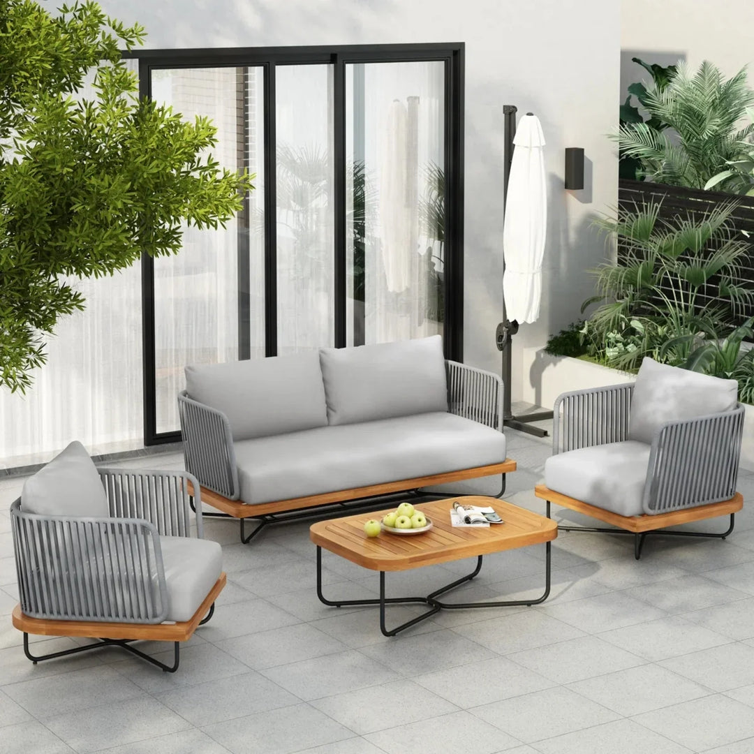 Uma Outdoor 4-Piece Rope Woven Conversation Sofa Set with Wooden Top Table
