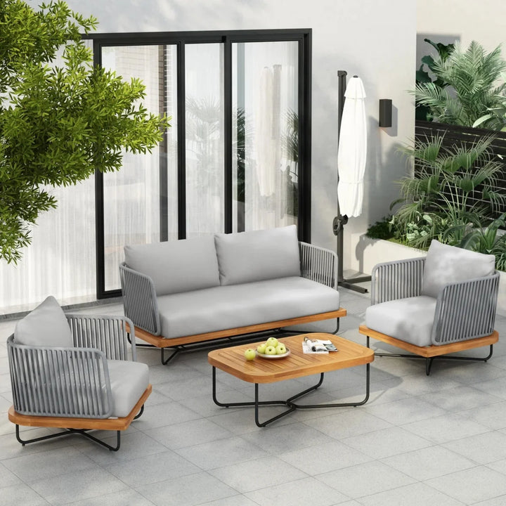 Uma Outdoor 4-Piece Rope Woven Conversation Sofa Set with Wooden Top Table