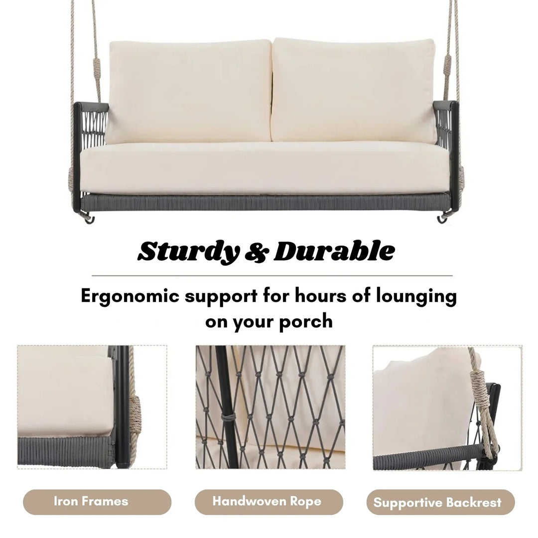 Outdoor Rope Swing 2-Person Hanging Chair, Weatherproof Porch Swing