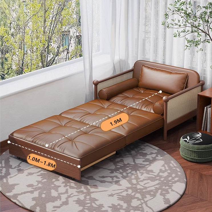 Rattan Weaving Armrests Leathaire Fabric Retro Sofa Bed with Underneath Storage SOFA BED