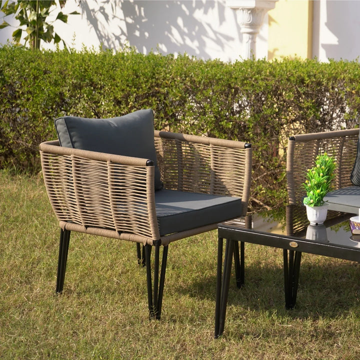 Monroe Outdoor Rope 4-Piece Patio Sofa Set with Glass Top Table (Beige & Dark Grey)