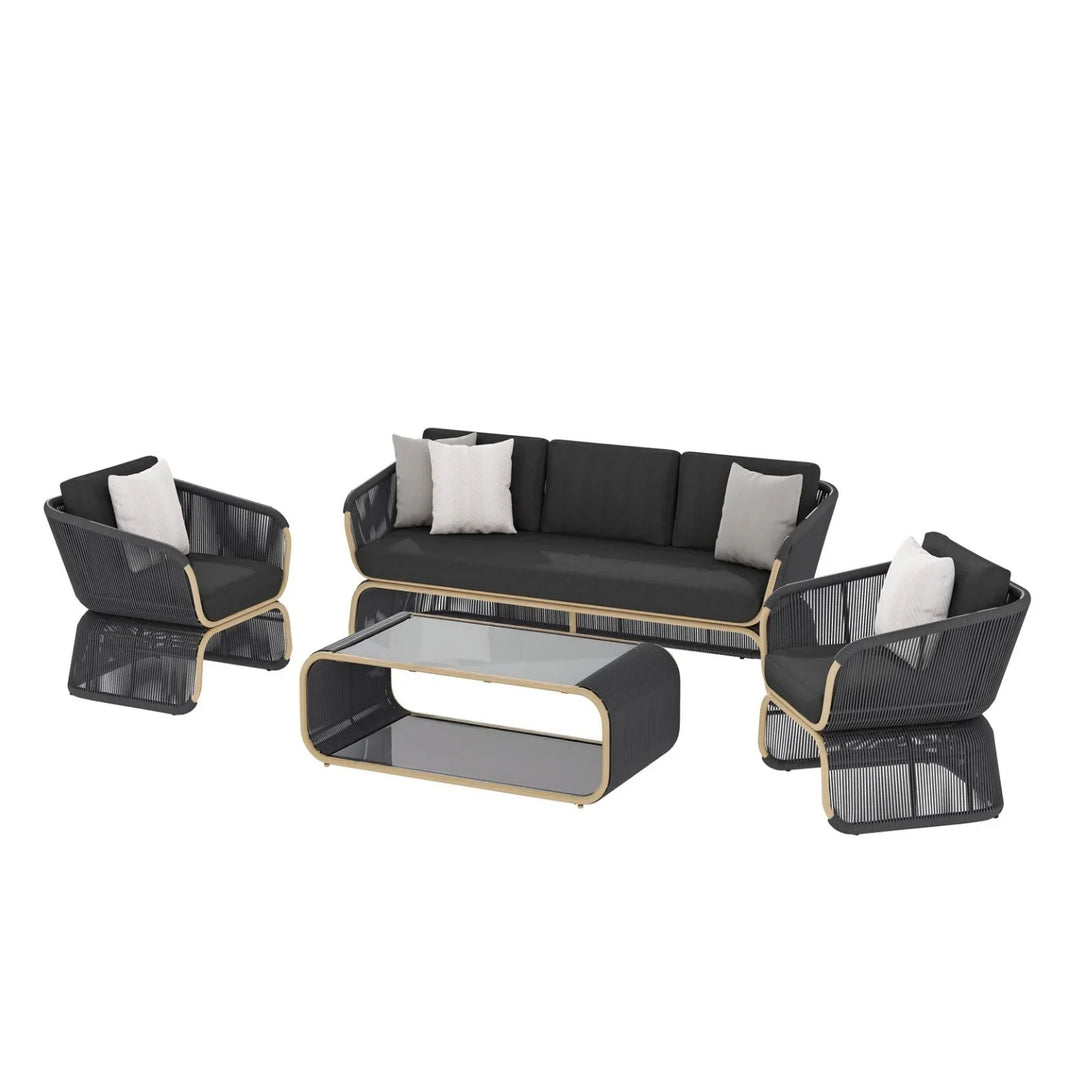 Taima Outdoor Braided Rope Sofa Set With 2-Tier Glass Top Table