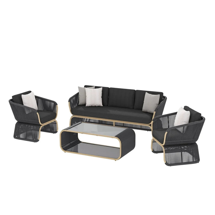 Taima Outdoor Braided Rope Sofa Set With 2-Tier Glass Top Table