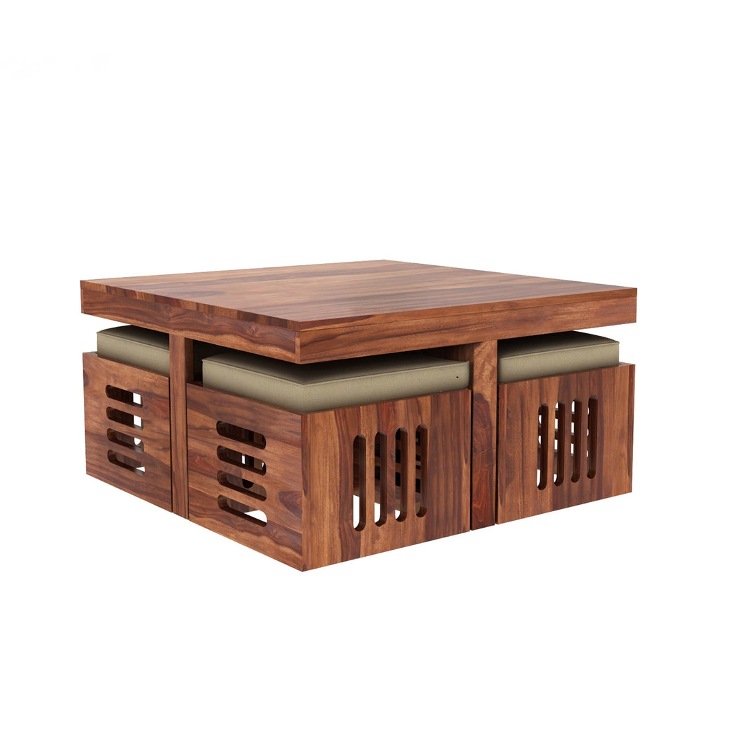 Savely Solid Wood Sheesham Coffee Table with 4 Seating Stools