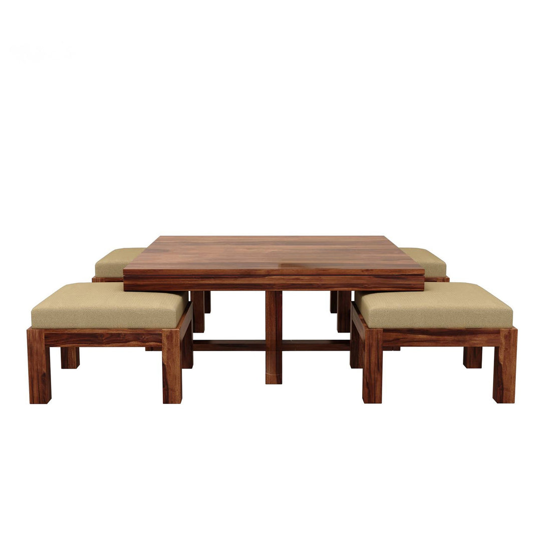 Denis Solid Wood Sheesham Coffee Table with Four Cushioned Stools