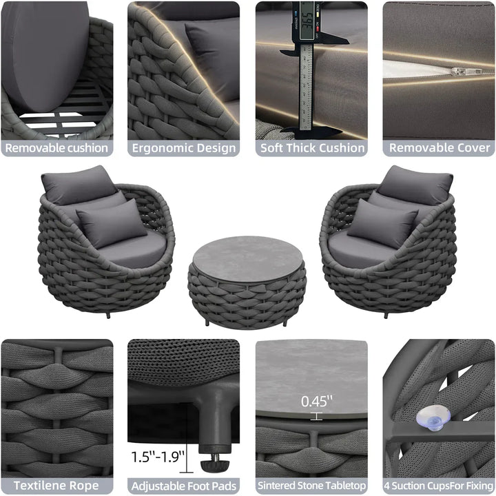 Outlee Outdoor Patio Seating Set 2 Chairs and 1 Table Set (Dark Grey) Braided & Rope