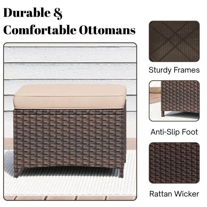 Set of 2 Outdoor Rattan Wicker Ottomans