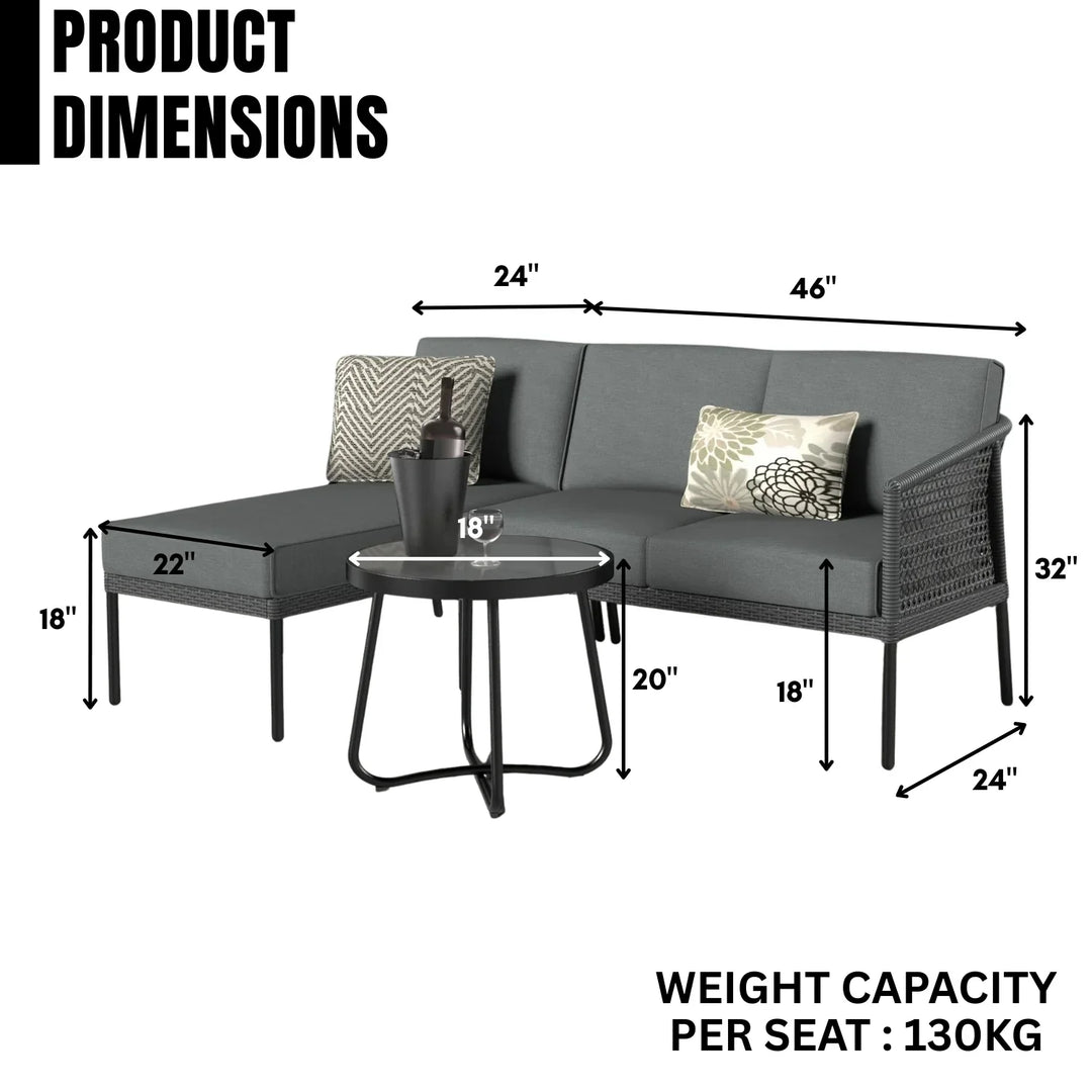 Rowan L-Shaped Patio Conversation Sofa Set with Thick Cushions & Side Table (Grey)