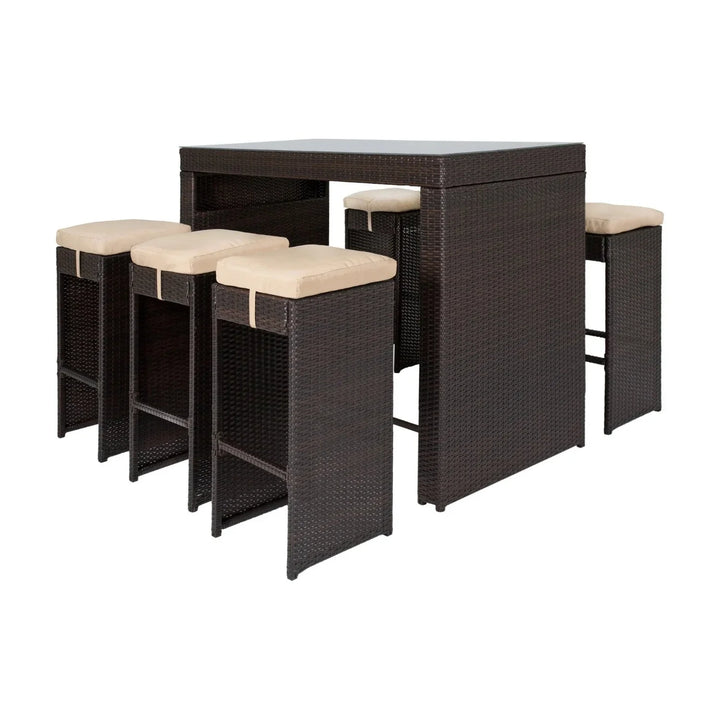 Asha 7-Piece Outdoor Rattan Wicker Bar Set with Glass Top Table