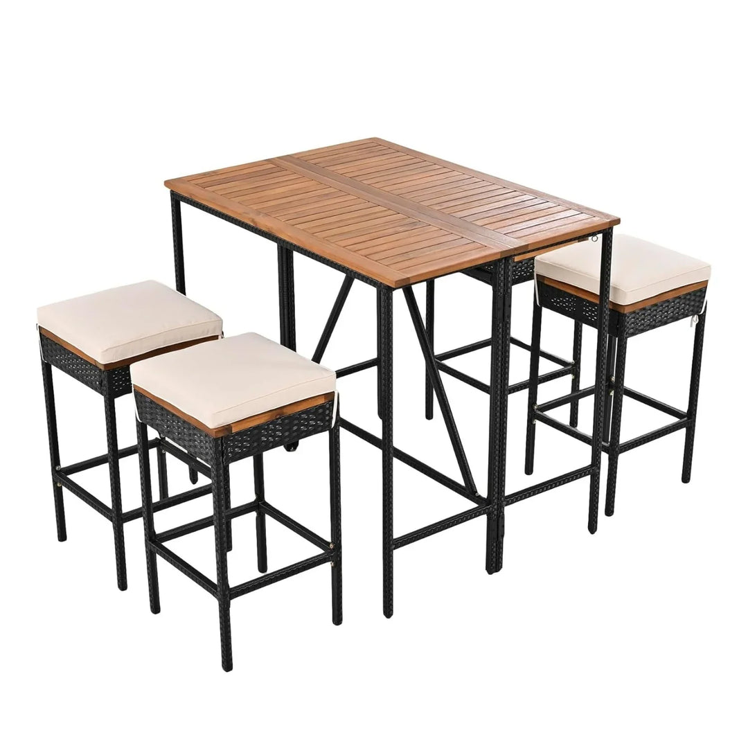 Mirabelle 5-Piece Outdoor Rattan Wicker Bar Set with Wooden Top Table