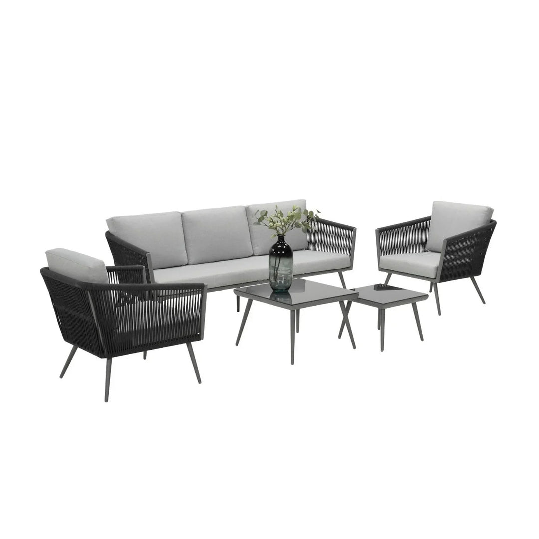 Teresa 5-Seater Outdoor Rope Patio Sofa Set with Glass Top Tables (Black & Grey)
