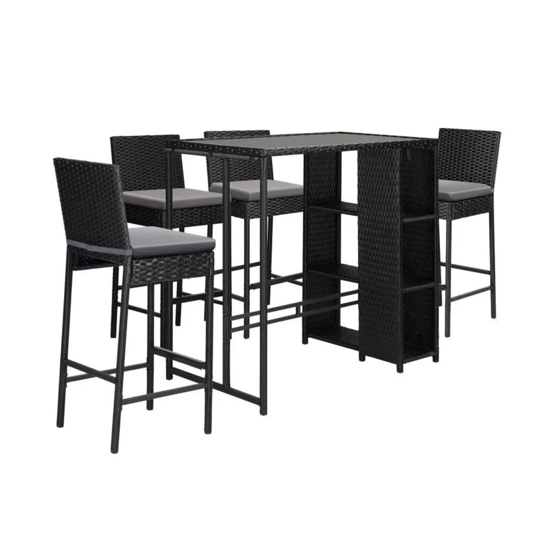 Flor 5-Piece Outdoor Rattan Wicker Bar Set with Glass Top Table