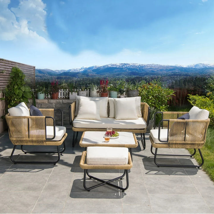 Lavika Outdoor 5pcs All-Weather Rope Sofa Set with Cushions (Beige & White)