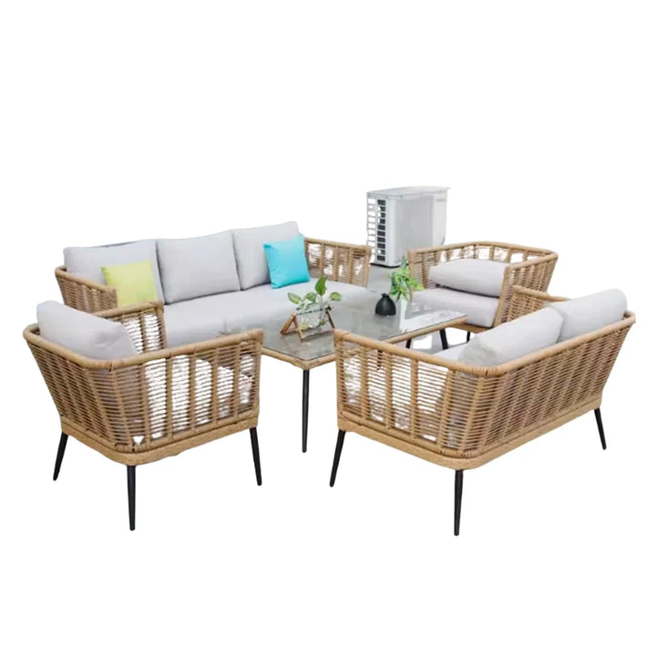 Noura Outdoor Beige Rope 7-Seater Sofa Set With Glass Top Table