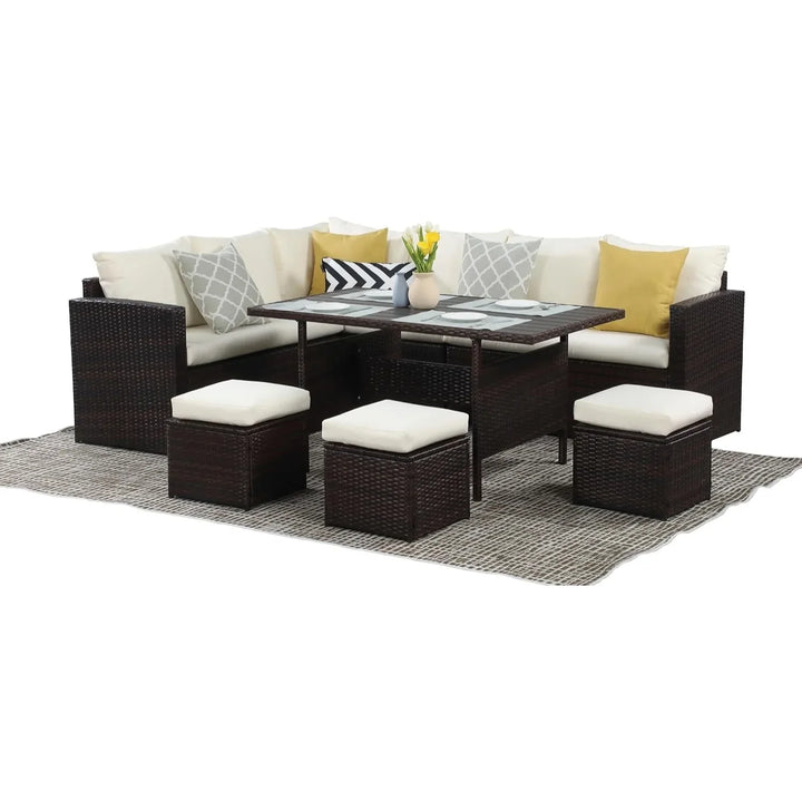 Raffaella 6-Pieces L-Shape Patio Rattan Dining Set