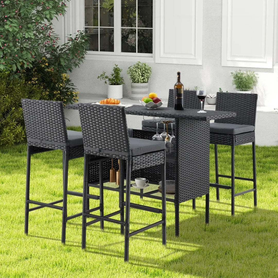 Yvette 5-Piece Outdoor Rattan Wicker Bar Set with Wicker Top Table