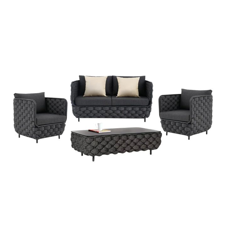 Camila 4 Piece Outdoor Rope Sofa Set with Glass Top Coffee Table (Black)
