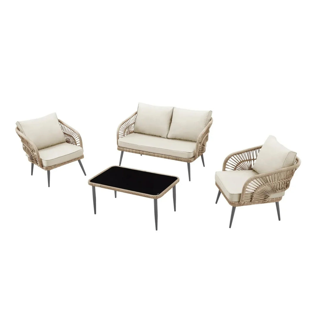 Navy Outdoor Rope 4-Piece Patio Sofa Set with Glass Top Table (Beige/Cream)
