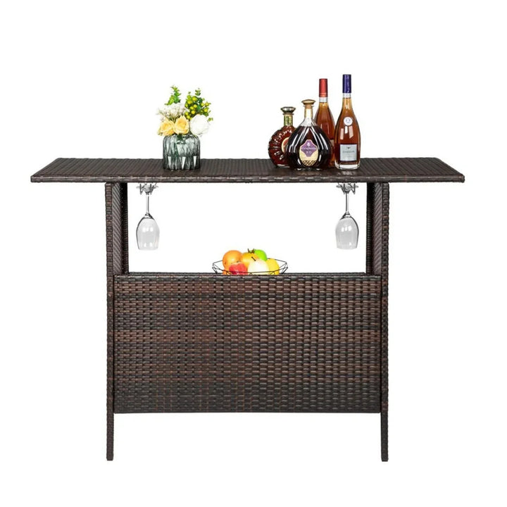 Pilar Outdoor Rattan Wicker Bar Table With Storage Selves