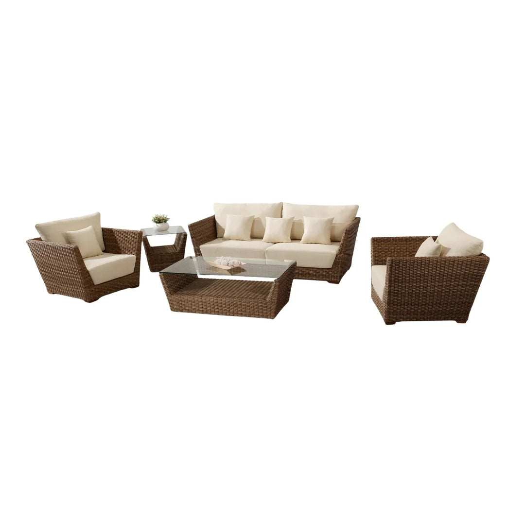 Patricia 5-Piece Outdoor Wicker Sofa Set With 2-Tier Glass Top Tables