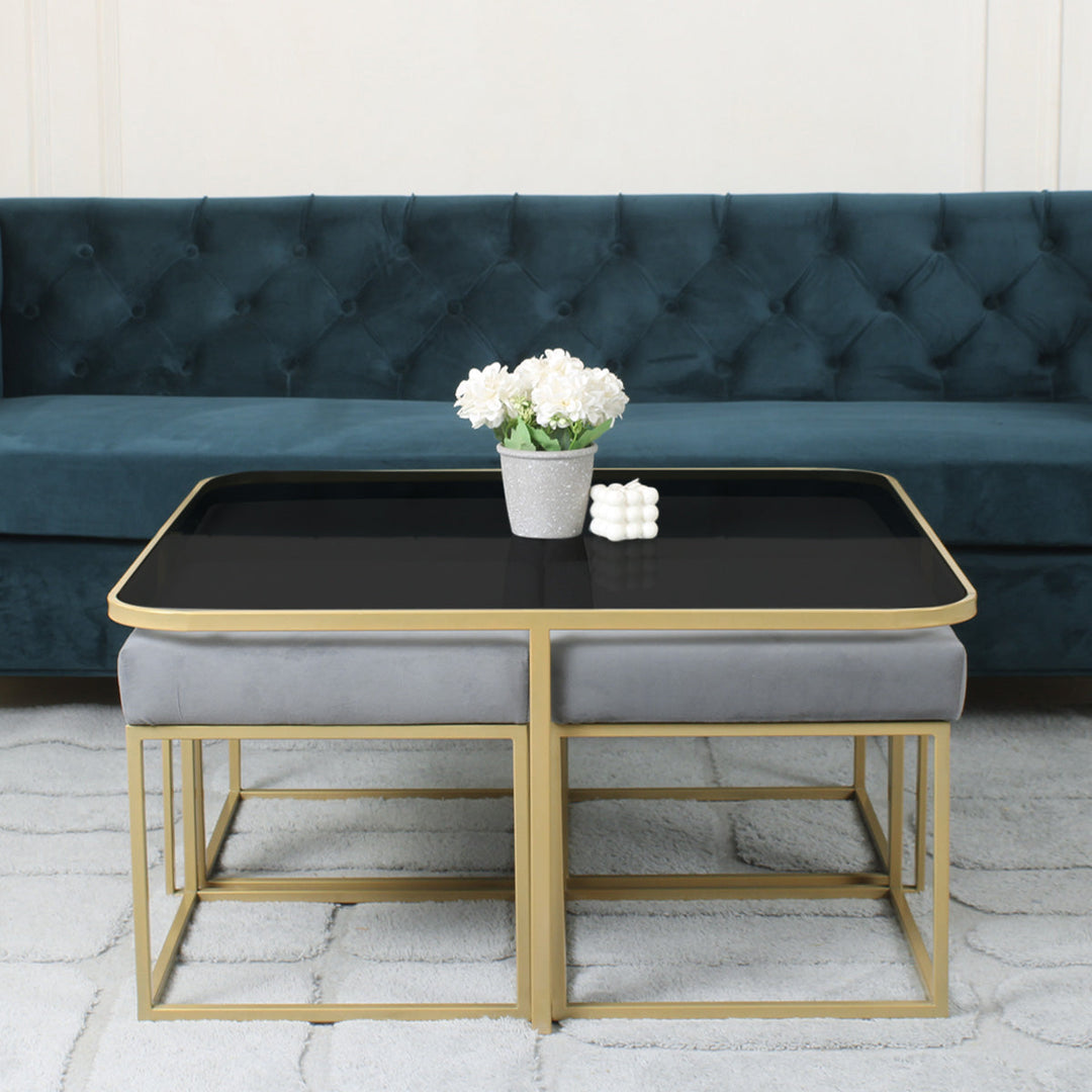 Benton Nesting Black Glass Coffee Table Set With 4 Stools In Gold Finish
