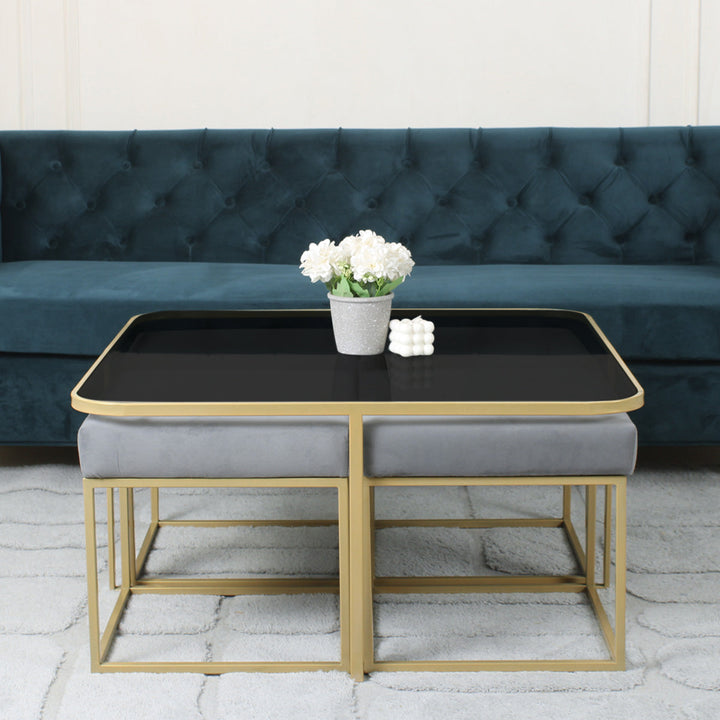 Benton Nesting Black Glass Coffee Table Set With 4 Stools In Gold Finish