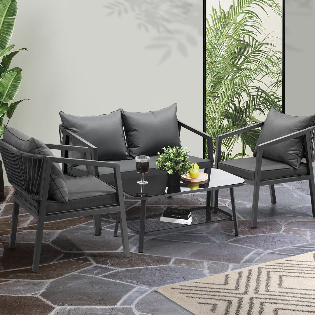 Freig Outdoor Sofa Set 2 Seater, 2 Single seater and 1 Center Table (Dark Grey) Braided & Rope