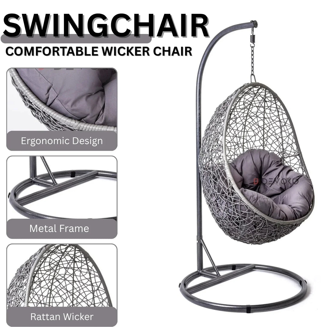 Single Seater Rattan & Wicker Swing (Grey)