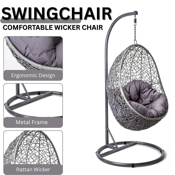 Single Seater Rattan & Wicker Swing (Grey)