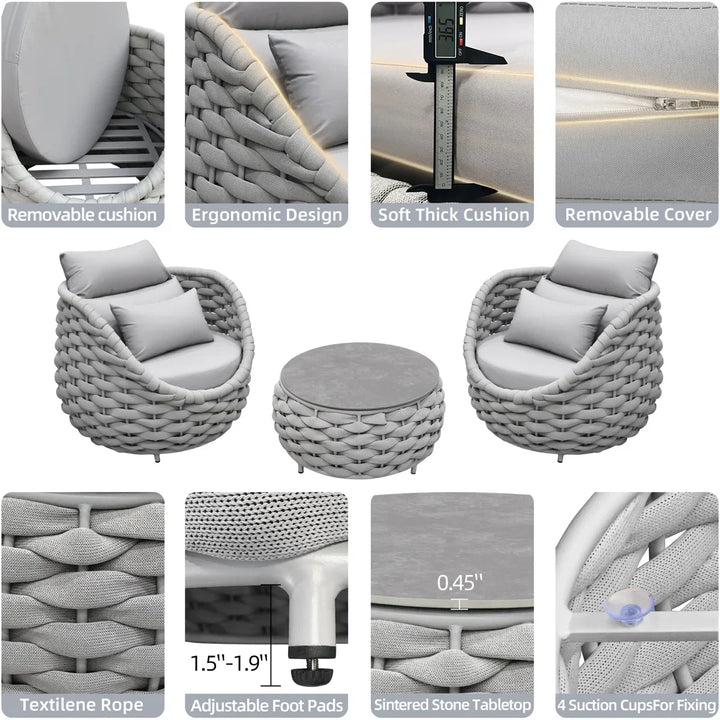 Fiae Outdoor Patio Seating Set 2 Chairs and 1 Table Set (Light Grey) Braided & Rope
