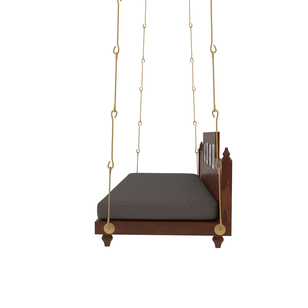 Krisha Artistic Wooden Swing with Hand-Painted Peacock Tiles – Balcony Jhula with Cushioned Seating