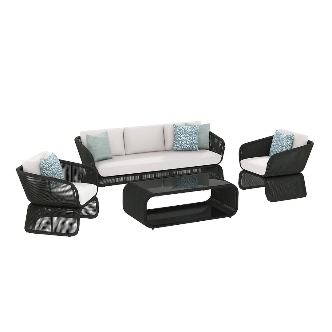 Zainab Outdoor Braided Rope Sofa Set With 2-Tier Glass Top Table