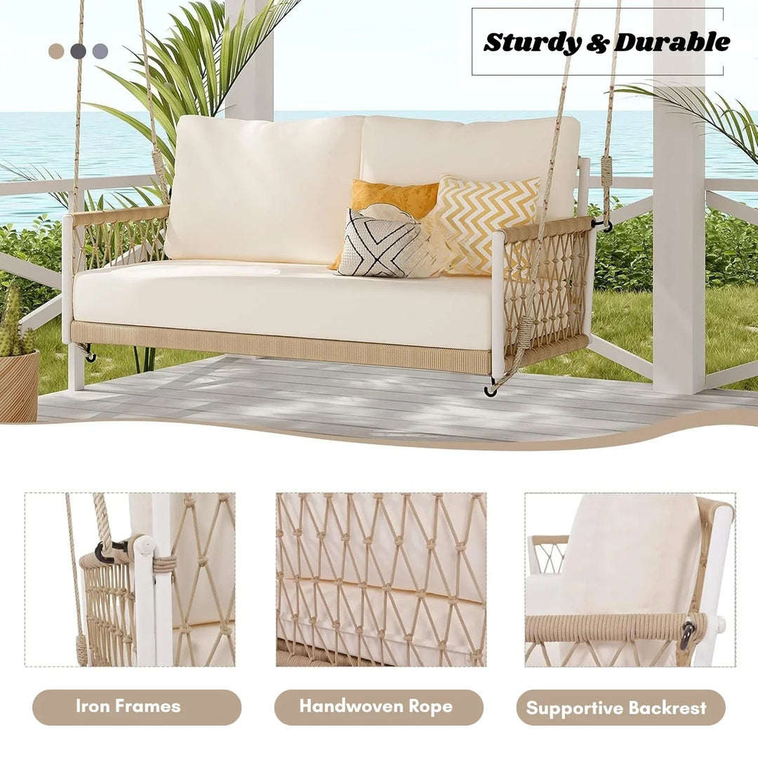 Outdoor Rope Swing 2-Person Hanging Chair, Weatherproof Porch Swing