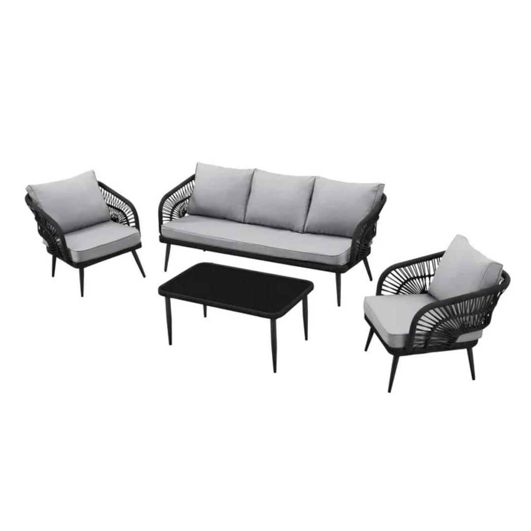 Oceana Outdoor Rope Conversation Patio Sofa Set (Black /Light Grey)