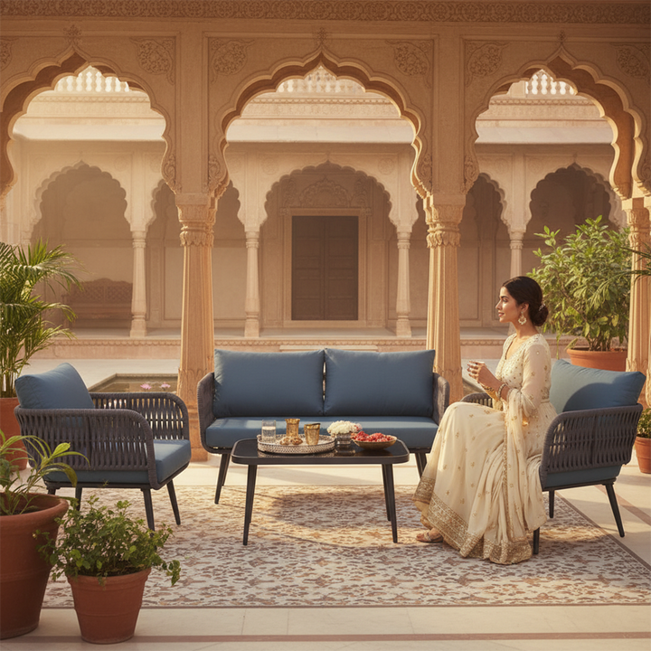 Polari Outdoor Garden Balcony Sofa Set 2 Seater , 2 Single Seater 1 Center Table Set (Grey) Braided and Rope