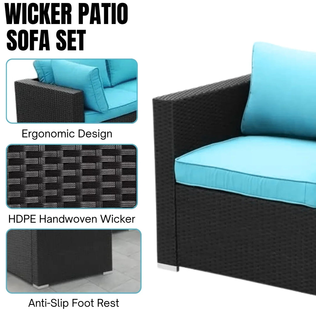 Warda Outdoor Garden Conversation Sofa Set (Black/Sky-Blue)