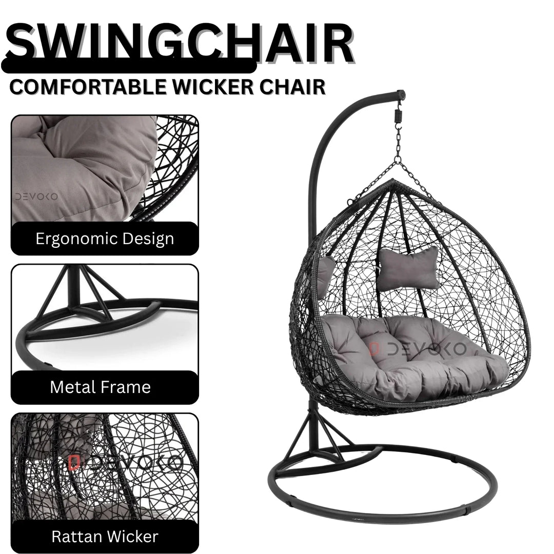 Hua Double Seater Rattan & Wicker Swing (Black & Grey)