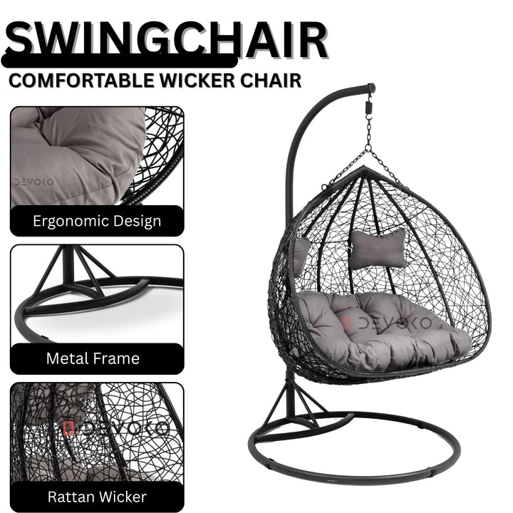 Hua Double Seater Rattan & Wicker Swing (Black & Grey)