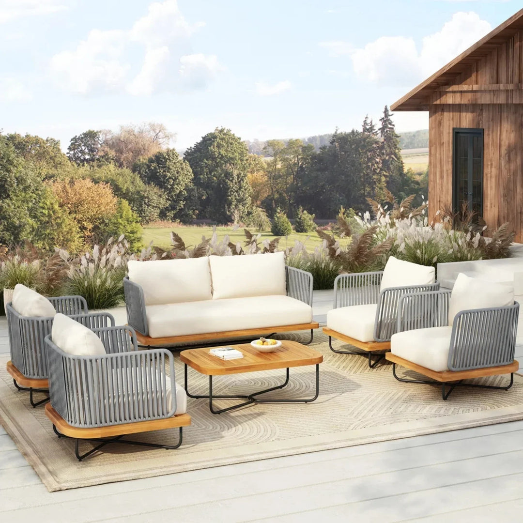 Navisha Outdoor 6-Piece Rope Woven Conversation Sofa Set with Wooden Top Table