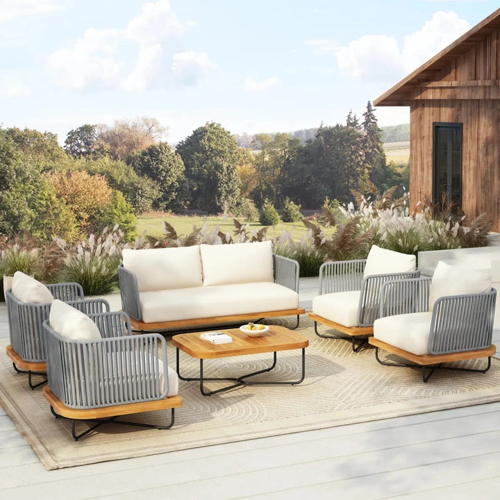 Navisha Outdoor 6-Piece Rope Woven Conversation Sofa Set with Wooden Top Table