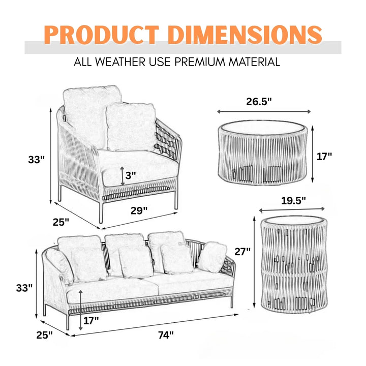 Krisha Outdoor 5 Seater Rope Patio Sofa Set with Center Table and Side Table