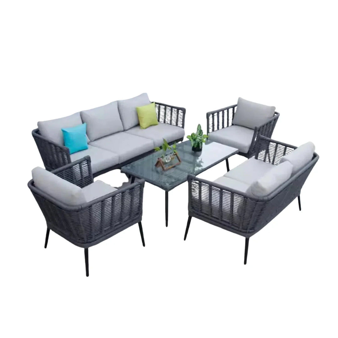 Amirah Outdoor Grey Rope 7-Seater Sofa Set With Glass Top Table