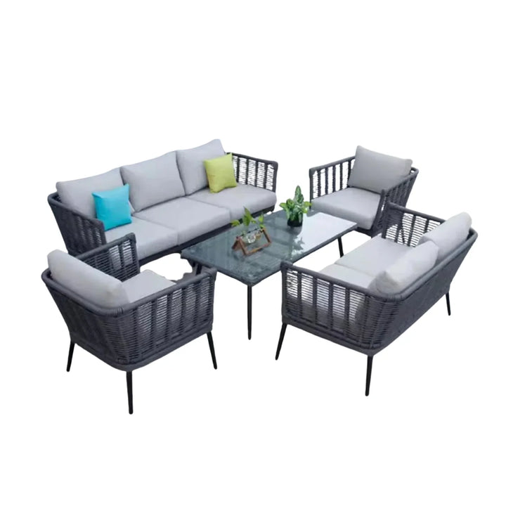 Amirah Outdoor Grey Rope 7-Seater Sofa Set With Glass Top Table