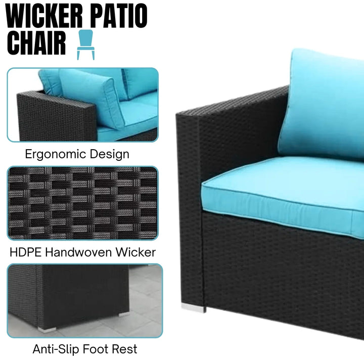 Meili 6-Piece Outdoor Wicker Sofa Set (Black/Sky-Blue)