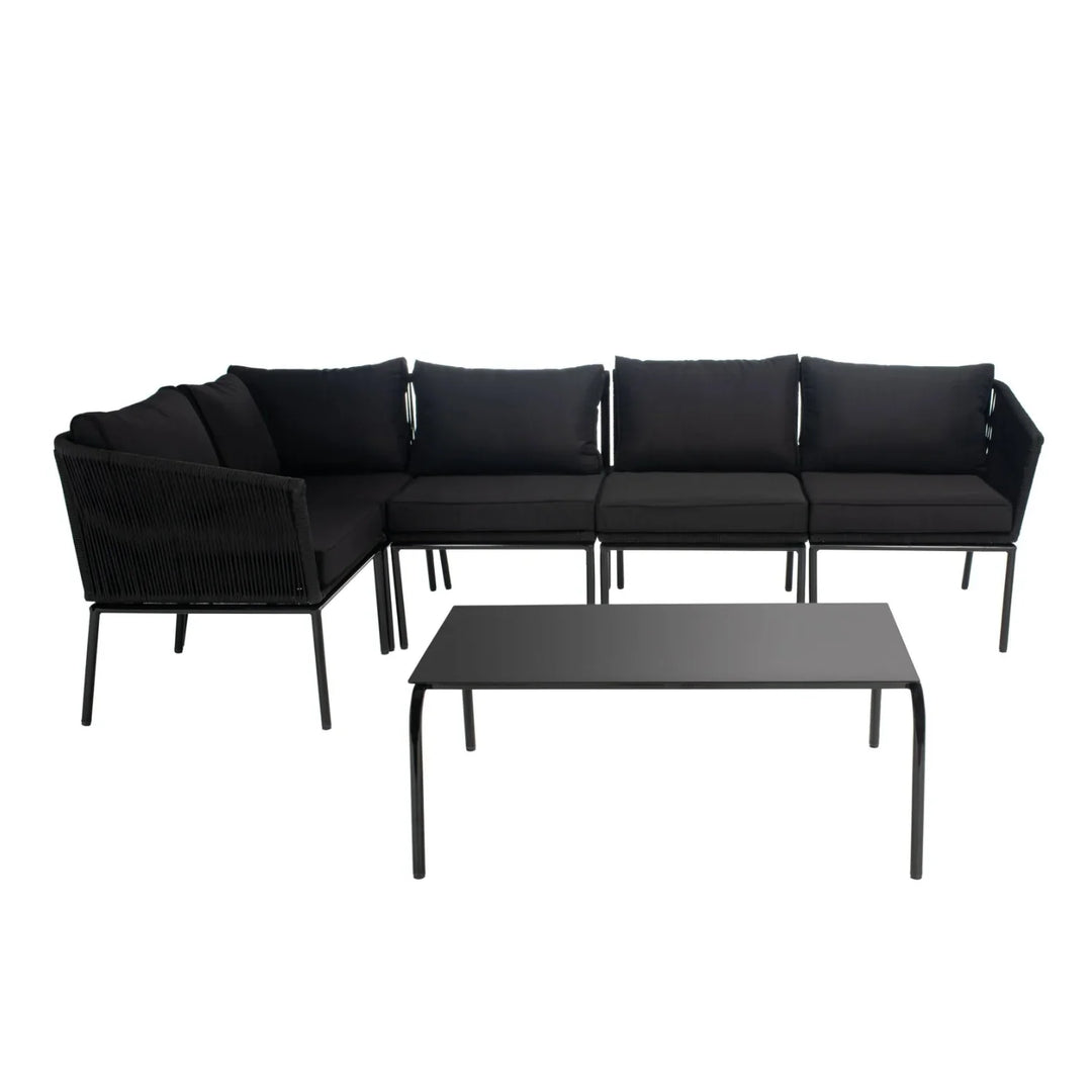 Rasha Outdoor Black Rope L-Shape All Weather Sectional Sofa Set
