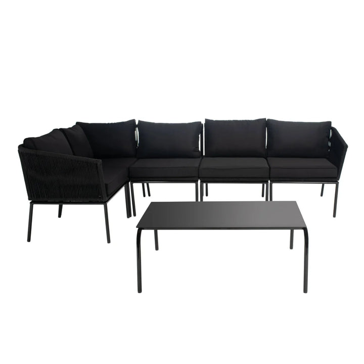 Rasha Outdoor Black Rope L-Shape All Weather Sectional Sofa Set