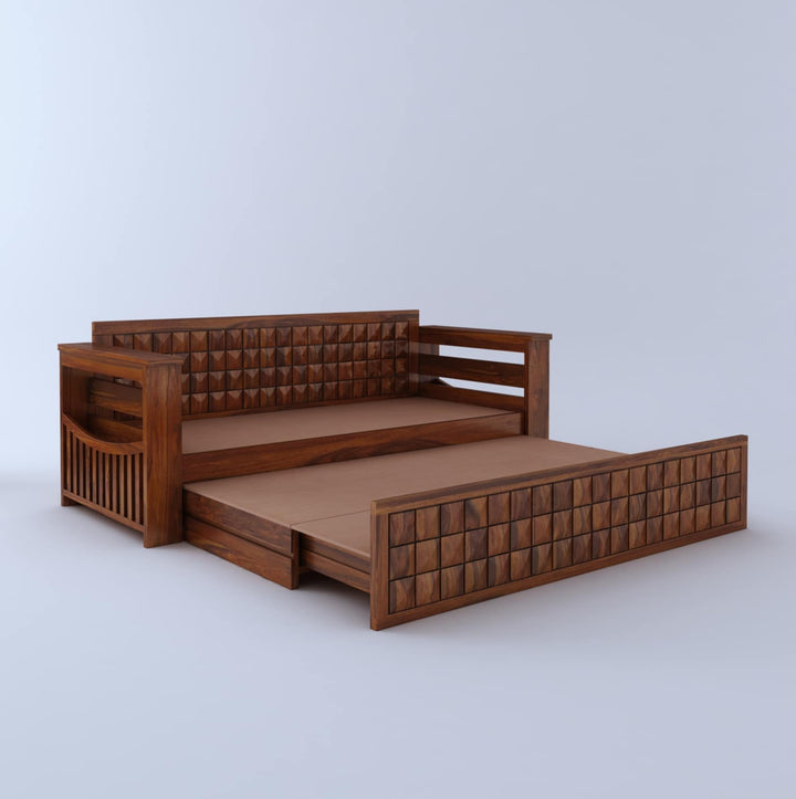 Freya Solid Sheesham Wood 3 Seater Sofa Cum Bed With Headboard and Mini Storage